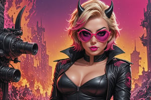 comic book illustration of a woman dressed as a devil, wearing sexy devil suit, devil make-up, wearing sunglasses, (((only one woman))), lightly open lips, ((short blonde with ((pink highlights)) hair)), tattooed  body, full color, vibrant colors, 
sexy body, detailed gorgeous face, lonely environment, horror atmosphere, the cauldrons of hell in background, exquisite detail,  30-megapixel, 4k, Flat vector art, Vector illustration, Illustration,,,<lora:659095807385103906:1.0>