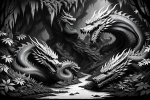 A cave in a dense forest, guarded by dragons, ((drawing lines)), drawing in black and withe, thick lines, filagree, realistic, grey backgroung, monster, Leonardo Style,Pencil Draw,Fashion Illustration,Flat vector art,pencil sketch,lineart