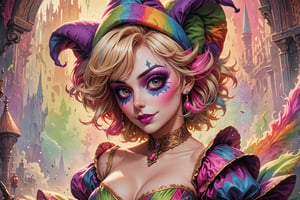 comic book illustration of a portrait of a jester woman, with jester hat with 3 peaks, wearing sexy jester dress, wearing jester makeup, wearing sunglasses, (((only one woman))), lightly open lips, short blonde with pink highlights hair, tattooed  body, full color, vibrant colors, showing tits under the dress, 
sexy body, detailed gorgeous face, lonely environment, rainbow colors background, exquisite detail,  30-megapixel, 4k, Flat vector art, Vector illustration, Illustration,ktrmkp,,,<lora:659095807385103906:1.0>