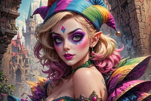 comic book illustration of a portrait of a sexy jester woman, with jester hat with 3 peaks, wearing sexy jester dress, wearing jester makeup, wearing sunglasses, (((only one woman))), lightly open lips, short blonde with pink highlights hair, tattooed  body, full color, vibrant colors, showing tits under the dress, 
sexy body, detailed gorgeous face, lonely environment, rainbow colors background, exquisite detail,  30-megapixel, 4k, Flat vector art, Vector illustration, Illustration,ktrmkp,,,<lora:659095807385103906:1.0>