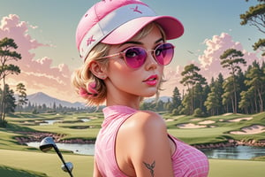 comic book illustration of a portrait of a woman playing golf, wearing sexy sport dress, wearing golf cap, wearing sunglasses, (((only one woman))), lightly open lips, short blonde with pink highlights hair, tattooed  body, full color, vibrant colors, 
sexy body, detailed gorgeous face, lonely environment, golf course in background, exquisite detail,  30-megapixel, 4k, Flat vector art, Vector illustration, Illustration,,<lora:659095807385103906:1.0>