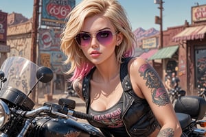 comic book illustration of a portrait of a woman on a harley davidson, wearing black tank top, wearing sunglasses, wearing black leather jacket, (((only one woman))), lightly open lips, short blonde with pink highlights hair, tattooed  body, full color, vibrant colors, showing tits under the tank top, sexy body, detailed gorgeous face, route66 road sign:1.3, route 66 environment, route 66 in background, exquisite detail,  30-megapixel, 4k, Flat vector art, Vector illustration, Illustration,,<lora:659095807385103906:1.0>