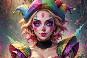 comic book illustration of a portrait of a sexy jester woman, with jester hat with 3 peaks, wearing sexy jester dress, wearing jester makeup, wearing sunglasses, (((only one woman))), lightly open lips, short blonde with pink highlights hair, tattooed  body, full color, vibrant colors, showing tits under the dress, 
sexy body, detailed gorgeous face, lonely environment, rainbow colors background, exquisite detail,  30-megapixel, 4k, Flat vector art, Vector illustration, Illustration,ktrmkp,,,<lora:659095807385103906:1.0>