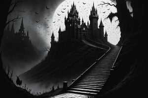 A staircase to an open door in a lonely big Casttle in the dark forest, vultures flying around, ((drawing lines)), drawing in black and withe, thick lines, filagree, realistic, BIg dark Casttle in background, white background, haunting atmosphere, horror environment, monster, Leonardo Style,Pencil Draw,Fashion Illustration,Flat vector art,pencil sketch,lineart,l0dbg