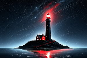 A lonely lighthouse in a sky full of stars, ((drawing lines)), drawing in (black, withe and red), thick lines, filagree, realistic, white background, monster, Leonardo Style,Pencil Draw,Fashion Illustration,Flat vector art,pencil sketch,lineart