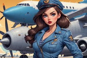 vintage comic book illustration of a commercial aviation captain woman at the airport, only one woman, airport background, dark brown ponytail hairstyle, wearing blue leather jacket, plaid miniskirt, blue aviation captain cap, wearing white blouse, showing small breast under the bloue, great cleavage, long cleavage, sexy body, black lips, tattooed body, detailed gorgeous face, exquisite detail, ((full body)), 30-megapixel, 4k, Flat vector art, Vector illustration, Illustration, <lora:659095807385103906:1.0>,,rubber_hose_character,<lora:659095807385103906:1.0>