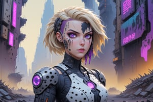 comic book illustration of a portrait of a cyborg woman in a dystopian city, wearing black and white cyborg suit, cyborg arm, wearing futuristic glasses, (((only one woman))), cyborg parts in face, short blonde with violet highlights hair, tattooed  body, full color, vibrant colors, armed with a gun, 
sexy body, detailed gorgeous face, lonely environment, jellyfish with jewels in foreground, dystopian city with droids in background, exquisite detail,  30-megapixel, 4k, Flat vector art, Vector illustration, Illustration,cyborg style,cyborg,<lora:659095807385103906:1.0>