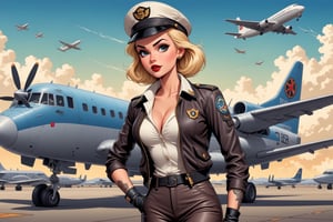 vintage comic book illustration of a commercial aviation captain woman at the airport, airport background, short blonde hair, wearing aviation captain jacket, leather pants, aviation captain cap, wearing white blouse, showing small breast under the bloue, great cleavage, sexy body, black lips, tattooed body, detailed gorgeous face, exquisite detail, ((full body)), 30-megapixel, 4k, Flat vector art, Vector illustration, Illustration, <lora:659095807385103906:1.0>,,rubber_hose_character,<lora:659095807385103906:1.0>