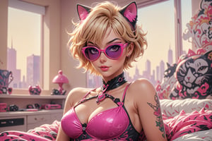 comic book illustration of a portrait of a woman, wearing sexy full cat costume up to the neck, wearing sunglasses, sitting in her bed, (((only one woman))), (((short blonde with pink highlights hair))), tattooed  body, full color, vibrant colors, sexy body, detailed gorgeous face, modern room with window in background, exquisite detail,  30-megapixel, 4k, Flat vector art, Vector illustration, Illustration,,<lora:659095807385103906:1.0>