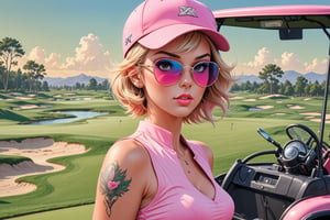 comic book illustration of a portrait of a woman playing golf, wearing sexy sport dress, wearing golf cap, wearing sunglasses, (((only one woman))), lightly open lips, short blonde with pink highlights hair, tattooed  body, full color, vibrant colors, 
sexy body, detailed gorgeous face, lonely environment, golf cart, golf course in background, exquisite detail,  30-megapixel, 4k, Flat vector art, Vector illustration, Illustration,,<lora:659095807385103906:1.0>
