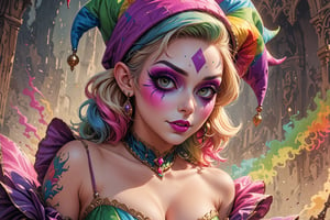 comic book illustration of a portrait of a sexy jester woman, with jester hat with 3 peaks, wearing sexy jester dress, wearing jester makeup, wearing sunglasses, (((only one woman))), lightly open lips, short blonde with pink highlights hair, tattooed  body, full color, vibrant colors, showing tits under the dress, 
sexy body, detailed gorgeous face, lonely environment, rainbow colors background, exquisite detail,  30-megapixel, 4k, Flat vector art, Vector illustration, Illustration,ktrmkp,,,<lora:659095807385103906:1.0>