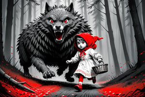 terrified Little Girl Riding Hood walking slowly by a dense forest, wearing a wicker basket, being attacked by a big wolf with red eyes, ((drawing lines)), ((only one girl)), drawing in black and withe, thick lines, filagree, realistic, scary environmet, grey backgroung, monster, Leonardo Style,Pencil Draw,Fashion Illustration,Flat vector art,pencil sketch,lineart