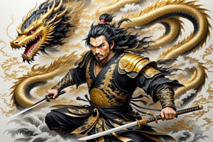 Japanese warrior being attacked by flying dragons, ((only one warrior)), drawing in black and gold colors, filagree, realistic, white backgroung, monster, Leonardo Style,Pencil Draw