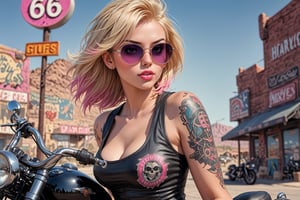 comic book illustration of a portrait of a woman on a harley davidson, wearing black tank top, wearing sunglasses, wearing black leather jacket, (((only one woman))), lightly open lips, short blonde with pink highlights hair, tattooed  body, full color, vibrant colors, showing tits under the tank top, sexy body, detailed gorgeous face, route66 road sign:1.3, route 66 environment, route 66 in background, exquisite detail,  30-megapixel, 4k, Flat vector art, Vector illustration, Illustration,,<lora:659095807385103906:1.0>