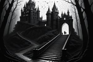 A staircase to an open door in a lonely big Casttle in the dark forest, vultures flying around, ((drawing lines)), drawing in black and withe, thick lines, filagree, realistic, BIg dark Casttle in background, white background, haunting atmosphere, horror environment, monster, Leonardo Style,Pencil Draw,Fashion Illustration,Flat vector art,pencil sketch,lineart,l0dbg