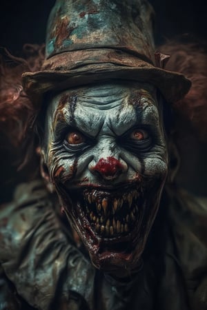 A man with colorful Halloween clown makeup with sunken eyes that seem lifeless. He has a scary smile that shows his bloody teeth. He wears a small clown hat. He looks terrifying and menacing. Full Color, HD quality, 