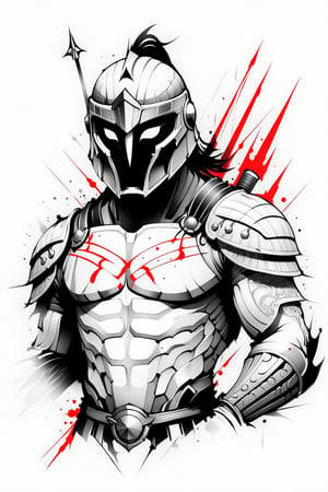 lineart tattoo design, close-up spartan soldier, with helmet, bare chest, bare arms, geometric forms with red sword superimpossed, ((drawing lines)), drawing in black and withe, thick lines, filagree, realistic, silkscreen dot pattern in background, white background, monster, Leonardo Style,Pencil Draw,Fashion Illustration,Flat vector art,pencil sketch,1y0n