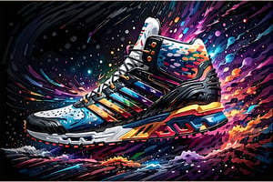 (best quality, 4k, 8k, highres, masterpiece:1.2), ultra-detailed,T-shirt design,illustration, adidas shoes with colorful paint splatters around it on a black background with a splash of paint,vector illustration,white background,v0ng44g