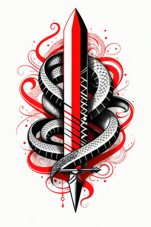 lineart tattoo, geometric design of a dagger with a snake around, with worn red stripes superimposed, ((drawing lines)), drawing in black and withe, thick lines, filagree, realistic, silkscreen dot pattern in background, white background, monster, Leonardo Style,Pencil Draw,Fashion Illustration,Flat vector art,pencil sketch