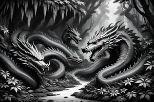 A cave in a dense forest, guarded by dragons, ((drawing lines)), drawing in black and withe, thick lines, filagree, realistic, grey backgroung, monster, Leonardo Style,Pencil Draw,Fashion Illustration,Flat vector art,pencil sketch,lineart