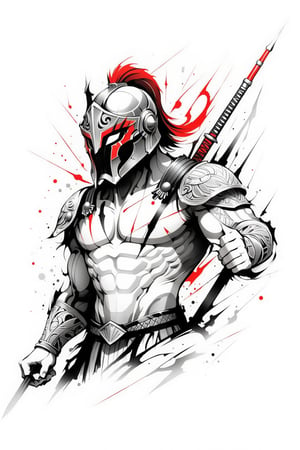 lineart tattoo design, close-up spartan soldier struggling, with helmet, bare chest, bare arms, geometric forms with red sword superimpossed, ((drawing lines)), drawing in black and withe, thick lines, filagree, realistic, silkscreen dot pattern in background, white background, monster, Leonardo Style,Pencil Draw,Fashion Illustration,Flat vector art,pencil sketch,1y0n