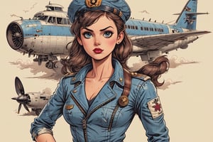 vintage comic book illustration of a commercial aviation captain woman at the airport, only one woman, airport background, dark brown ponytail hairstyle, wearing blue leather jacket, plaid miniskirt, blue aviation captain cap, wearing white blouse, showing small breast under the bloue, great cleavage, long cleavage, sexy body, black lips, tattooed body, detailed gorgeous face, exquisite detail, ((full body)), 30-megapixel, 4k, Flat vector art, Vector illustration, Illustration, <lora:659095807385103906:1.0>,,rubber_hose_character,<lora:659095807385103906:1.0>,vintagepaper,<lora:659095807385103906:1.0>