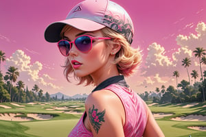 comic book illustration of a portrait of a woman playing golf, wearing sexy sport dress, wearing golf cap, wearing sunglasses, (((only one woman))), lightly open lips, short blonde with pink highlights hair, tattooed  body, full color, vibrant colors, 
sexy body, detailed gorgeous face, lonely environment, golf club in background, exquisite detail,  30-megapixel, 4k, Flat vector art, Vector illustration, Illustration,,<lora:659095807385103906:1.0>