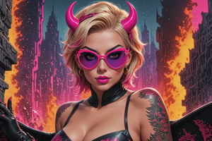 comic book illustration of a woman dressed as a devil, wearing sexy devil suit, devil make-up, devil horns, wearing sunglasses, (((only one woman))), lightly open lips, ((short blonde with ((pink highlights)) hair)), tattooed  body, full color, vibrant colors, 
sexy body, detailed gorgeous face, lonely environment, horror atmosphere, the cauldrons of hell in background, exquisite detail,  30-megapixel, 4k, Flat vector art, Vector illustration, Illustration,,,<lora:659095807385103906:1.0>