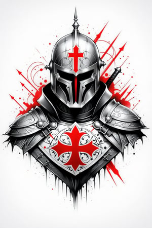 lineart tattoo design, Knight Templar, geometric forms with red cross superimpossed, ((drawing lines)), drawing in black and withe, thick lines, filagree, realistic, silkscreen dot pattern in background, white background, monster, Leonardo Style,Pencil Draw,Fashion Illustration,Flat vector art,pencil sketch,1y0n