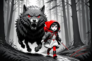 Little Girl Riding Hood walking slowly by a dense forest, fearfully, being attacked by a big wolf with red eyes, ((drawing lines)), ((only one girl)), drawing in black and withe, thick lines, filagree, realistic, grey backgroung, monster, Leonardo Style,Pencil Draw,Fashion Illustration,Flat vector art,pencil sketch,lineart