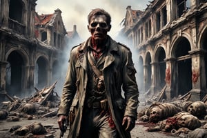 army officer of WWII zombie, putrid skin, disfigured features, torn, dirty and bloody clothes, walking along an old town ruins, the ground is covered in blood and bones, ruins are on fire, spooky atmosphere and atmosphere of terror, WWII plane crashed and burning in Background, 16k UHD, extreme realism, maximum definitions, ultra detail,monster,steampunk style,more detail XL