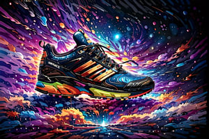 (best quality, 4k, 8k, highres, masterpiece:1.2), ultra-detailed,T-shirt design,illustration, adidas shoes with colorful paint splatters around it on a black background with a splash of paint,vector illustration,white background,v0ng44g