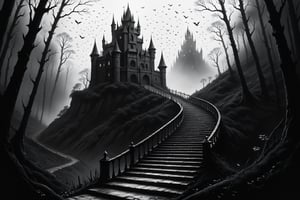 A staircase to an open door in a lonely big Casttle in the dark forest, vultures flying around, ((drawing lines)), drawing in black and withe, thick lines, filagree, realistic, BIg dark Casttle in background, white background, haunting atmosphere, horror environment, monster, Leonardo Style,Pencil Draw,Fashion Illustration,Flat vector art,pencil sketch,lineart,l0dbg