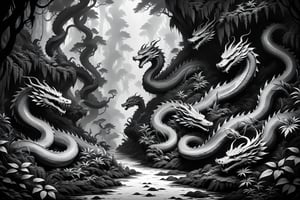 A cave in a dense forest, guarded by dragons and snakes, ((drawing lines)), drawing in black and withe, thick lines, filagree, realistic, grey backgroung, monster, Leonardo Style,Pencil Draw,Fashion Illustration,Flat vector art,pencil sketch,lineart