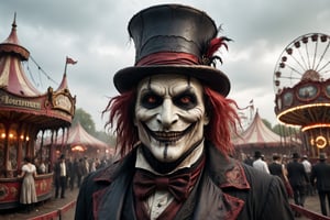 a carnival figure with twisted features, a top hat, and a sinister smile, carnival reds, ominous blacks and unsettling whites, sinister and ominous, disfigured features, dirty and bloody clothes, amusement park atmosphere, spooky atmosphere and atmosphere of terror, old dilapidated amusement park with kis playing in background, 16k UHD, extreme realism, maximum definitions, ultra detail,monster,steampunk style,more detail XL