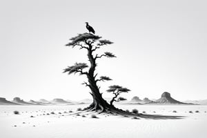 A lonely tree in desert, without leaves, with a lone vulture perched on top, ((drawing lines)), drawing in black and withe, thick lines, filagree, realistic, white background, monster, Leonardo Style,Pencil Draw,Fashion Illustration,Flat vector art,pencil sketch,lineart