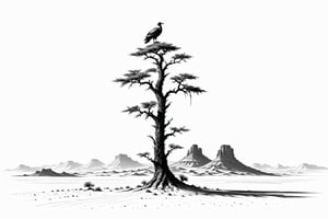 A lonely tree in desert, without leaves, with a lone vulture perched on top, ((drawing lines)), drawing in black and withe, thick lines, filagree, realistic, white background, monster, Leonardo Style,Pencil Draw,Fashion Illustration,Flat vector art,pencil sketch,lineart