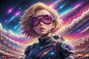 close-up comic book illustration of a woman in the mountains, wearing astronaut suit, wearing futuristic sunglasses, (((only one woman))), lightly open lips, short blonde with ((pink hightlights)) hair, tattooed  body, full color, vibrant colors, showing tits under the dress,
sexy body, detailed gorgeous face, lonely environment, planets, galaxies and lines in background, exquisite detail, 30-megapixel, 4k, Vector illustration, Illustration,,,,<lora:659095807385103906:1.0>