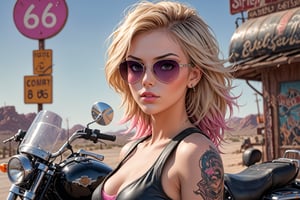 comic book illustration of a portrait of a woman on route 66, wearing black tank top, wearing sunglasses, wearing black leather jacket, (((only one woman))), lightly open lips, short blonde with pink highlights hair, tattooed  body, full color, vibrant colors, showing tits under the tank top, 
sexy body, detailed gorgeous face, harley davidson, route66 road sign:1.3, route 66 environment, route 66 in background, exquisite detail,  30-megapixel, 4k, Flat vector art, Vector illustration, Illustration,,<lora:659095807385103906:1.0>