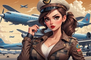 vintage comic book illustration of a commercial aviation captain woman at the airport, airport background, dark brown ponytail hairstyle, wearing leather jacket, plaid miniskirt, aviation captain cap, wearing white blouse, showing small breast under the bloue, great cleavage, long cleavage, sexy body, black lips, tattooed body, detailed gorgeous face, exquisite detail, ((full body)), 30-megapixel, 4k, Flat vector art, Vector illustration, Illustration, <lora:659095807385103906:1.0>,,rubber_hose_character,<lora:659095807385103906:1.0>
