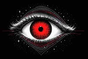 A lonely heart-shaped eye in a sky full of stars, ((drawing lines)), drawing in (black, withe and red), thick lines, filagree, realistic, white background, monster, Leonardo Style,Pencil Draw,Fashion Illustration,Flat vector art,pencil sketch,lineart