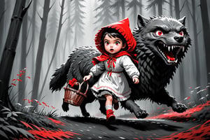 terrified Little Girl Riding Hood walking slowly by a dense forest, wearing a wicker basket, being attacked by a big wolf with red eyes, ((drawing lines)), ((only one girl)), drawing in black and withe, thick lines, filagree, realistic, scary environmet, grey backgroung, monster, Leonardo Style,Pencil Draw,Fashion Illustration,Flat vector art,pencil sketch,lineart