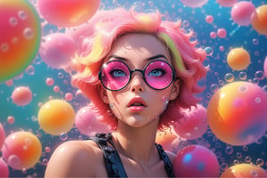 comic book illustration of a portrait of woman surrounded by Big bubbles, wearing tank top, wearing sun glasses, wearing black miniskirt, (((only one woman))),  lightly open lips, short blonde with pink highlights hair, tattooed  body, full color, vibrant colors, 
sexy body, detailed gorgeous face, very BIg bubbles environment, bubbles in background, exquisite detail,  30-megapixel, 4k, Flat vector art, Vector illustration, Illustration,dreamgirl,<lora:659095807385103906:1.0>