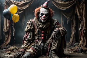 zombie clown sitting in a chair that has two balloons tied to it, putrid skin, disfigured features, torn, dirty and bloody clothes, clown suit, clown hat, bored waiting for someone to come to his performance, circus atmosphere, spooky atmosphere and atmosphere of terror, old dilapidated circus tent in background, 16k UHD, extreme realism, maximum definitions, ultra detail,monster,steampunk style,more detail XL