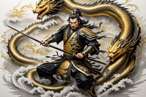 Japanese warrior being attacked by flying dragons, ((only one warrior)), drawing in black and gold colors, filagree, realistic, white backgroung, monster, Leonardo Style,Pencil Draw