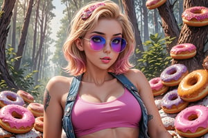 comic book illustration of a portrait of a woman with donuts around her, wearing tank top, wearing jeans, wearing sunglasses, (((only one woman))), lightly open lips, short blonde with pink highlights hair, tattooed  body, full color, vibrant colors, showing tits under the suit, 
sexy body, detailed gorgeous face, lonely environment, trees with donuts on its branches, rainbow forest in background, exquisite detail,  30-megapixel, 4k, Flat vector art, Vector illustration, Illustration,,,<lora:659095807385103906:1.0>