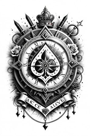 lineart tattoo design of a poker card(ace of hearts), with (a vintage chain watch, a retro compass and a rose superimposed), ((drawing lines)), drawing in black and withe, thick lines, filagree, realistic, white backgroung, monster, Leonardo Style,Pencil Draw,Fashion Illustration,Flat vector art,pencil sketch