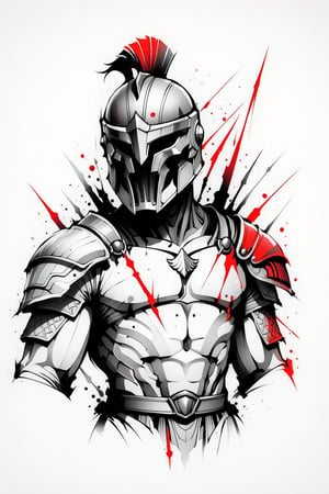 lineart tattoo design, close-up spartan soldier, with helmet, bare chest, bare arms, geometric forms with red sword superimpossed, ((drawing lines)), drawing in black and withe, thick lines, filagree, realistic, silkscreen dot pattern in background, white background, monster, Leonardo Style,Pencil Draw,Fashion Illustration,Flat vector art,pencil sketch,1y0n
