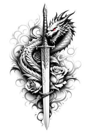 lineart tattoo design of a dagger, with (a dragon head and a rose superimposed), ((drawing lines)), drawing in black and withe, thick lines, filagree, realistic, white backgroung, monster, Leonardo Style,Pencil Draw,Fashion Illustration,Flat vector art,pencil sketch