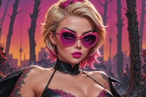 comic book illustration of a woman dressed as a devil, wearing sexy devil suit, devil make-up, wearing sunglasses, (((only one woman))), lightly open lips, ((short blonde with ((pink highlights)) hair)), tattooed  body, full color, vibrant colors, 
sexy body, detailed gorgeous face, lonely environment, horror atmosphere, the cauldrons of hell in background, exquisite detail,  30-megapixel, 4k, Flat vector art, Vector illustration, Illustration,,,,<lora:659095807385103906:1.0>